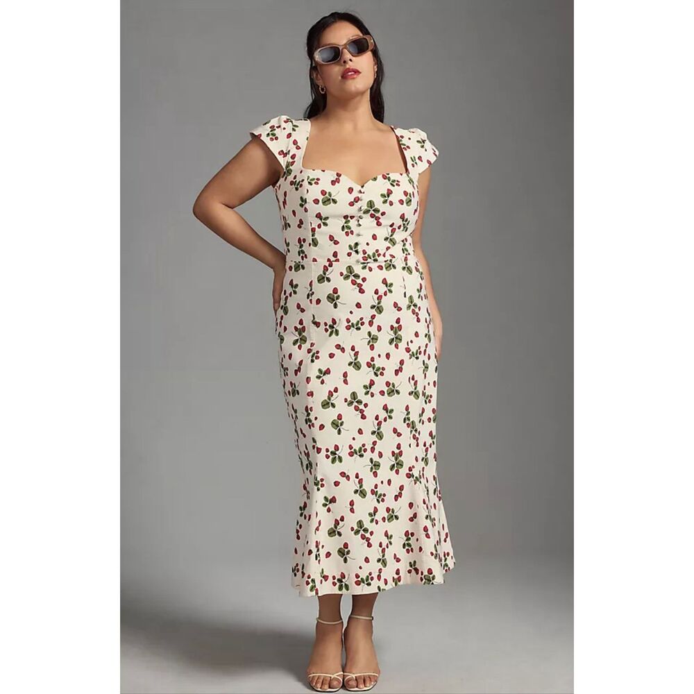 Anthropologie Cream Midi Dress with Red Cherry Print (A)